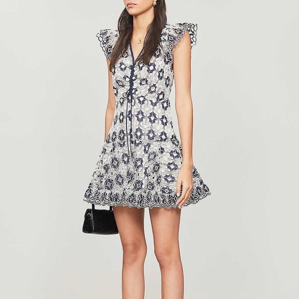 Sandro Navy and Cream Lace Mini Dress With Ruffle Sleves